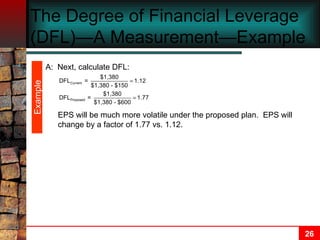 The Degree of Financial Leverage (DFL)—A Measurement—Example A: Next, calculate DFL: Example EPS will be much more volatile under the proposed plan.  EPS will change by a factor of 1.77 vs. 1.12. 