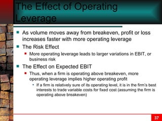 The Effect of Operating Leverage As volume moves away from breakeven, profit or loss increases faster with more operating leverage The Risk Effect More operating leverage leads to larger variations in EBIT, or business risk The Effect on Expected EBIT Thus, when a firm is operating above breakeven, more operating leverage implies higher operating profit If a firm is relatively sure of its operating level, it is in the firm’s best interests to trade variable costs for fixed cost (assuming the firm is operating above breakeven) 