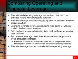 Comparing Operating and Financial Leverage Financial and operating leverage are similar in that both can enhance results while increasing variation Financial leverage involves substituting debt for equity in the firm’s capital structure Operating leverage involves substituting fixed costs for variable costs in the firm’s cost structure Both methods involve substituting fixed cash outflows for variable cash outflows Both kinds of leverage make their respective risks larger as the levels of leverage increase However, financial risk is non-existent if debt is not present, while business risk would still exist even if no operating leverage existed Financial leverage is more controllable than operating leverage 