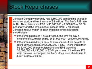 Stock Repurchases Johnson Company currently has 2,500,000 outstanding shares of common stock and Net Income of $5 million.  The firm’s P/E ratio is 10.  Thus, Johnson’s EPS is $5,000,000    2,500,000 or $2.00 per share; and the firm’s market price is $2.00 x 10 or $20.  Johnson has $1 million in cash available for distribution to stockholders.  If the firm distributes it as a dividend, the firm will pay a dividend of $0.40 per share, or $1,000,000    2,500,000 shares. If the firm instead buys back its own shares, it will be able to retire 50,000 shares, or $1,000,000    $20.  There would then be 2,450,000 shares outstanding and EPS would be $5,000,000    2,450,000 or $2.04 per share.  If the firm’s P/E ratio remains unchanged, the firm’s stock price should rise to $20.40, or $2.04 x 10. Example 