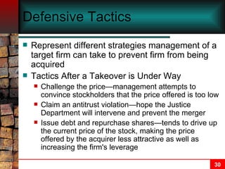 Defensive Tactics   Represent different strategies management of a target firm can take to prevent firm from being acquired Tactics After a Takeover is Under Way Challenge the price—management attempts to convince stockholders that the price offered is too low Claim an antitrust violation—hope the Justice Department will intervene and prevent the merger Issue debt and repurchase shares—tends to drive up the current price of the stock, making the price offered by the acquirer less attractive as well as increasing the firm's leverage 