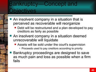 Bankruptcy—Concept and Objectives An insolvent company in a situation that is perceived as recoverable will reorganize Debt will be restructured and a plan developed to pay creditors as fairly as possible An insolvent company in a situation deemed unrecoverable will liquidate Assets will be sold under the court's supervision Proceeds used to pay creditors according to priority Bankruptcy proceedings are designed to save as much pain and loss as possible when a firm fails   