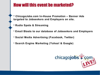   How will this event be marketed? ChicagoJobs.com In-House Promotion – Banner Ads  targeted to Jobseekers and Employers on site. Radio Spots & Streaming Email Blasts to our database of Jobseekers and Employers Social Media Advertising (Facebook, Twitter) Search Engine Marketing (Yahoo! & Google) 
