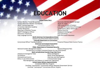 EDUCATION United States Navy Surface Warfare Threat Recognition Electronic Warfare Module Manager Surface Electronic Warfare-Journeyman   AEGIS CIC Team AEGIS Training Supervisor SERE-Level B Code of Conduct Corrections Specialist Academy   Joint Anti-Terrorism/Force Protection Conflict Resolution Armed Sentry (Basic/Advanced) Reacting to Potential Threats   Physical Security MAGTF Intelligence Officer   Shipboard Intelligence Electronics Technician Fire Controlman Iraqi Language Survival DoD Information Assurance North American Correspondence School General Law Enforcement-Police Sciences Colorado Department of Corrections Correctional Officer Training Academy Firearms/Pressure Point Control Tactics American Correctional Association Correctional Officer I & II FEMA- Department of Homeland Security National Incident Management System National Response Plan Introduction to Incident Command System for Law Enforcement Multi-Jurisdictional Counter Drug Task Force Analytical Investigative Tools Police Intelligence Surveillance Bomb Threat Management Command and Control Interview and Interrogation Ethics in Law Enforcement Criminal Street Gangs Risk Management and Violence in Undercover Operations United States Military Apprenticeship Completed 2000 Hour Program Certified “Journeyman” Correctional Officer-National/Government Service  Certified “Journeyman” Correctional Officer-Virginia 