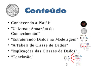 3
• Conhecendo a Platéia
• "Universo: Armazém do
Conhecimento!“
• "Estruturando Dados na Modelagem"
• "A Tabela de Classe de Dados"
• "Implicações das Classes de Dados“
• “Conclusão” 1NF
2NF
3NF
BCNF
4NF
5NF
DKNF
 