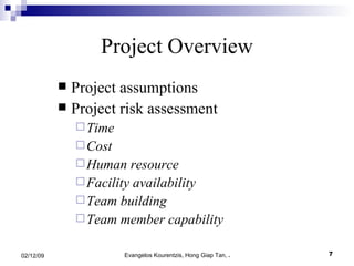 Project Overview Project assumptions Project risk assessment Time  Cost  Human resource Facility availability Team   building Team member capability 