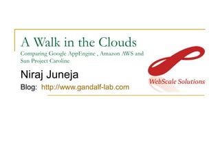 A Walk in the Clouds Comparing Google AppEngine , Amazon AWS and  Sun Project Caroline Niraj Juneja Blog:  http://www.gandalf-lab.com 