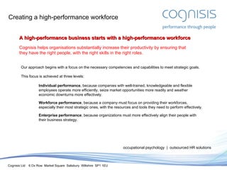 Creating a high-performance workforce Our approach begins with a focus on the necessary competencies and capabilities to meet strategic goals.  This focus is achieved at three levels:  Individual performance , because companies with well-trained, knowledgeable and flexible employees operate more efficiently, seize market opportunities more readily and weather economic downturns more effectively. Workforce performance , because a company must focus on providing their workforces, especially their most strategic ones, with the resources and tools they need to perform effectively. Enterprise performance , because organizations must more effectively align their people with their business strategy.  occupational psychology  |  outsourced HR solutions A high-performance business starts with a high-performance workforce Cognisis helps organisations substantially increase their productivity by ensuring that they have the right people, with the right skills in the right roles. 