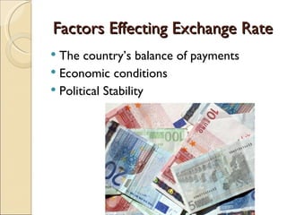 Factors Effecting Exchange Rate The country’s balance of payments Economic conditions  Political Stability 