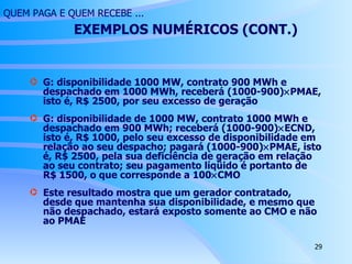 QUEM  PAGA E QUEM RECEBE ...  EXEMPLOS  NUMÉRICOS (CONT.) G: disponibilidade 1000 MW, contrato 900 MWh e  despachado em 1000 MWh, receberá (1000-900)  PMAE, isto é, R$ 2500, por seu excesso de geração G: disponibilidade de 1000 MW, contrato 1000 MWh e despachado em 900 MWh; receberá (1000-900)  ECND, isto é, R$ 1000, pelo seu excesso de disponibilidade em relação ao seu despacho; pagará (1000-900)  PMAE, isto é, R$ 2500, pela sua deficiência de geração em relação ao seu contrato; seu pagamento líqüido é portanto de R$ 1500, o que corresponde a 100  CMO Este resultado mostra que um gerador contratado, desde que mantenha sua disponibilidade, e mesmo que não despachado, estará exposto somente ao CMO e não ao PMAE  
