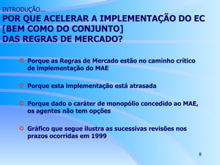 INTRODUÇÃO... POR QUE ACELERAR A IMPLEMENTAÇÃO DO EC [BEM COMO DO CONJUNTO]  DAS REGRAS DE MERCADO? Porque as Regras de Mercado estão no caminho crítico de implementação do MAE Porque esta implementação está atrasada Porque dado o caráter de monopólio concedido ao MAE, os agentes não tem opções Gráfico que segue ilustra as sucessivas revisões nos prazos ocorridas em 1999 