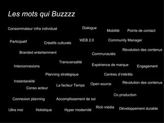 Les mots qui Buzzzz Consommateur infra individuel WEB 2.0 Participatif Dialogue Communautés Branded entertainment Planning...