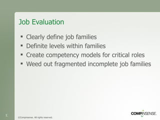 Job Evaluation Clearly define job families Definite levels within families Create competency models for critical roles Weed out fragmented incomplete job families ©Compinsense. All rights reserved. 
