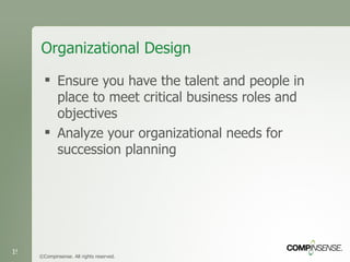 Organizational Design Ensure you have the talent and people in place to meet critical business roles and objectives  Analyze your organizational needs for succession planning ©Compinsense. All rights reserved. 