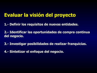 Evaluar la visión del proyecto 1.- Definir los requisitos de nuevas entidades. 2.- Identificar las oportunidades de compra continua del negocio. 3.- Investigar posibilidades de realizar franquicias. 4.- Sintetizar el enfoque del negocio. 