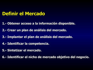 Definir el Mercado 1.- Obtener acceso a la información disponible. 2.- Crear un plan de análisis del mercado. 3.- Implantar el plan de análisis del mercado. 4.- Identificar la competencia. 5.- Sintetizar el mercado. 6.- Identificar el nicho de mercado objetivo del negocio. 
