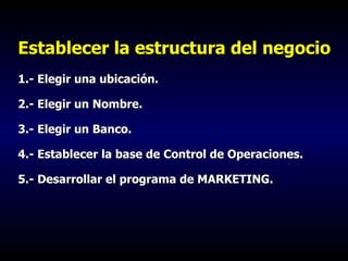 Establecer la estructura del negocio 1.- Elegir una ubicación. 2.- Elegir un Nombre. 3.- Elegir un Banco. 4.- Establecer la base de Control de Operaciones. 5.- Desarrollar el programa de MARKETING. 