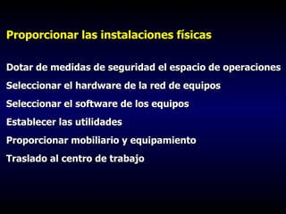 Proporcionar las instalaciones físicas Dotar de medidas de seguridad el espacio de operaciones Seleccionar el hardware de la red de equipos Seleccionar el software de los equipos Establecer las utilidades Proporcionar mobiliario y equipamiento Traslado al centro de trabajo 