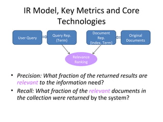 IR Model, Key Metrics and Core Technologies User Query Query Rep. {Term} Document Rep. {Index, Term} Original Documents Relevance Ranking Precision: What fraction of the returned results are  relevant  to the information  need? Recall: What fraction of the  relevant  documents in the collection were returned  by the system? 