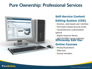Self-Service Content  Editing System (CES) Intuitive, web-based user interface Permission-based security levels Comprehensive customization options Digital resource library AICC/SCORM course publisher Efficiently Edit Our  Online Courses Photos/illustrations Slide text Course narration 