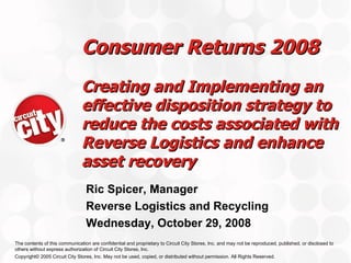 Consumer Returns 2008 Creating and Implementing  an effective disposition strategy to reduce the costs associated with Reverse Logistics and enhance asset recovery Ric Spicer, Manager Reverse Logistics and Recycling Wednesday, October 29, 2008 