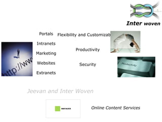 Inter  woven Portals Intranets Marketing Websites Extranets Flexibility and Customizability Productivity Security Jeevan and Inter Woven Online Content Services 