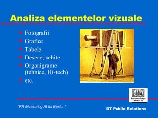 Analiza elementelor vizuale Fotografii Grafice Tabele Desene, schite Organigrame (tehnice, Hi-tech) etc. 