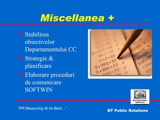 Miscellanea + Stabilirea obiectivelor Departamentului CC Strategie & planificare Elaborare proceduri de comunicare SOFTWIN 