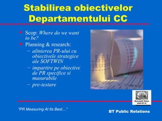 Stabilirea obiectivelor Departamentului CC Scop:  Where do we want to be? Planning & research: alinierea PR-ului cu obiectivele strategice ale SOFTWIN impartire pe obiective de PR specifice si masurabile pre-testare 