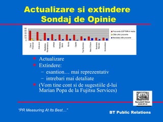 Actualizare si extindere  Sondaj de Opinie Actualizare Extindere: esantion… mai reprezentativ intrebari mai detaliate (Vom tine cont si de sugestiile d-lui Marian Popa de la Fujitsu Services) 