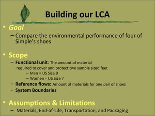 Building our LCA Goal  Compare the environmental performance of four of Simple’s shoes Scope Functional unit :  The amount of material  required to cover and protect two sample sized feet Men = US Size 9 Women = US Size 7 Reference flows:  Amount of materials for one pair of shoes System Boundaries  Assumptions & Limitations Materials, End-of-Life, Transportation, and Packaging 