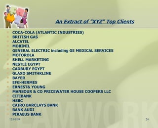 COCA-COLA (ATLANTIC INDUSTRIES) BRITISH GAS ALCATEL MOBINIL GENERAL ELECTRIC including GE MEDICAL SERVICES MOTOROLA SHELL MARKETING NESTLÉ EGYPT CADBURY EGYPT GLAXO SMITHKLINE BAYER EFG-HERMES ERNEST& YOUNG MANSOUR & CO PRICEWATER HOUSE COOPERS LLC CITIBANK  HSBC CAIRO BARCLAYS BANK BANK AUDI PIRAEUS BANK An Extract of "XYZ" Top Clients 