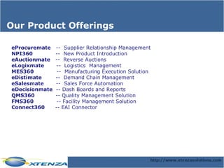 eProcuremate    --  Supplier Relationship Management  NPI360              --  New Product Introduction eAuctionmate    --  Reverse Auctions eLogixmate        --  Logistics  Management MES360              --  Manufacturing Execution Solution eDistimate         --  Demand Chain Management eSalesmate        --  Sales Force Automation eDecisionmate   -- Dash Boards and Reports QMS360             -- Quality Management Solution FMS360              -- Facility Management Solution Connect360       -- EAI Connector Our Product Offerings 