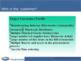 Who is the  customer? Target Customer Profile Manufacturing Industry (Electronics/ Automobile/ Chemical )/  Wholesale Distributor Multiple Finished Goods Product Line Large number of supplier base (Domestic & Intl) Large number of line items in the Bill of materials Multiple Buyers and users in the procurement process Just-in-Time ordering 