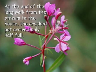 At the end of the long walk from the stream to the house, the cracked pot arrived only half full. 