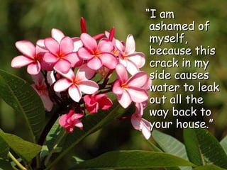 “ I am ashamed of myself, because this crack in my side causes water to leak out all the way back to your house.”   