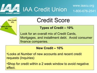 Types of Credit – 10% Look for an overall mix of Credit Cards, Mortgages, and installment debt.  Avoid consumer finance companies. Credit Score New Credit – 10% Looks at Number of new accounts and recent credit requests (Inquiries) Shop for credit within a 2 week window to avoid negative effect. 