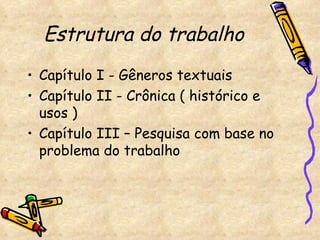 Estrutura do trabalho   Capítulo I - Gêneros textuais Capítulo II - Crônica ( histórico e usos ) Capítulo III – Pesquisa com base no problema do trabalho 