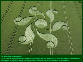 Des micro-ondes plus probables. Les micro-ondes, en basse fréquence, servent à communiquer avec des sous marins en immersion mais ces ondes s'avèrent dangereuses. De nombreux cétacés s'échouent car elles créent des interférences dans leur écholocalisation.  