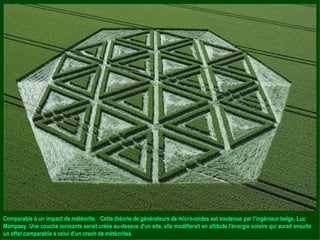 Comparable à un impact de météorite.  Cette théorie de générateurs de micro-ondes est soutenue par l'ingénieur belge, Luc Mampaey. Une couche ionisante serait créée au-dessus d'un site, elle modifierait en altitude l'énergie solaire qui aurait ensuite un effet comparable à celui d'un crash de météorites. 