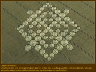La palme britannique. L'Angleterre est le pays qui remporte la palme de crops circles. C'est au sud du pays et plus précisément dans la région des anciens temples de Avebury que l'on compte le plus grand nombre de ces manifestations. 