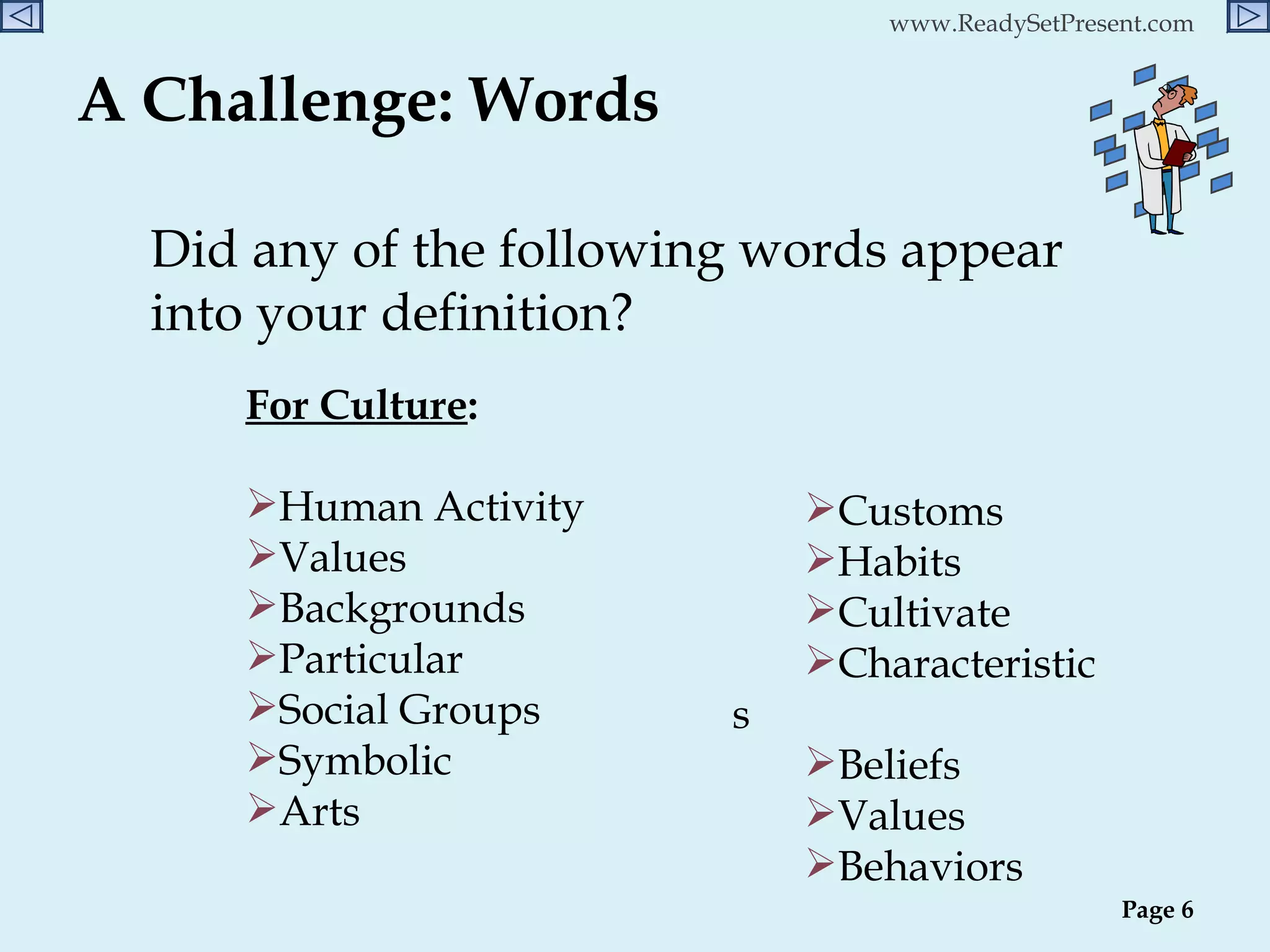 A Challenge: Words Did any of the following words appear into your definition? For Culture : Human Activity Values Backgrounds Particular Social Groups Symbolic Arts  Customs Habits  Cultivate Characteristics Beliefs Values Behaviors Page  