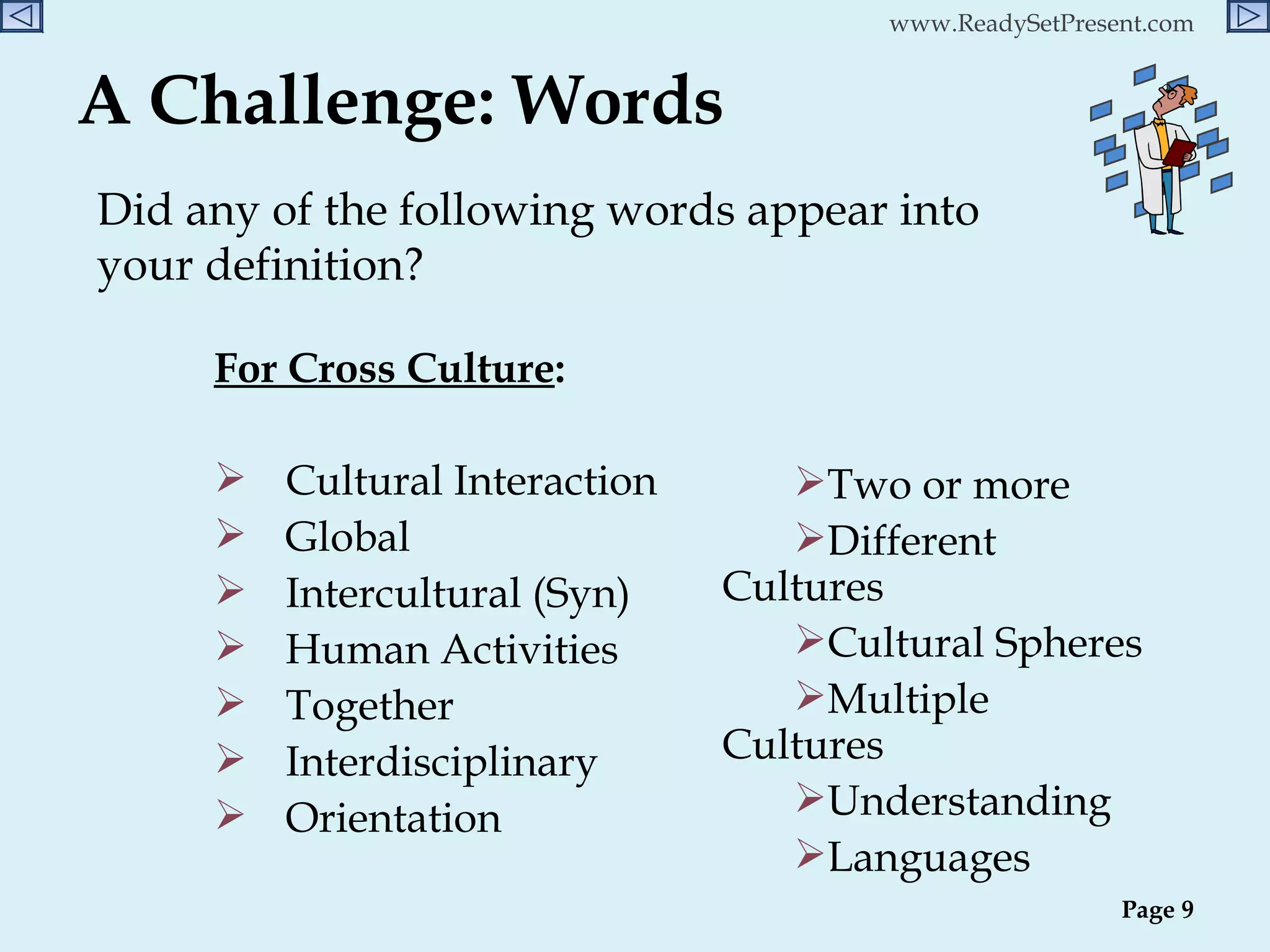 A Challenge: Words For Cross Culture : Cultural Interaction Global Intercultural (Syn) Human Activities Together Interdisciplinary Orientation Two or more Different Cultures Cultural Spheres  Multiple Cultures Understanding Languages Did any of the following words appear into your definition? Page  