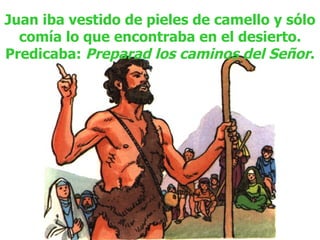 Juan iba vestido de pieles de camello y sólo comía lo que encontraba en el desierto. Predicaba:  Preparad los caminos del Señor . 