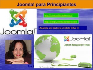 Joomla! para Principiantes 
http://tuconsultoraseo.com/ 
Analista de Sistemas Estela Silva H. 
Por Carmen Estela Silva Hur...