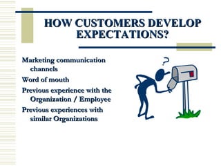HOW CUSTOMERS DEVELOP EXPECTATIONS? Marketing communication channels Word of mouth Previous experience with the Organization / Employee Previous experiences with similar Organizations 