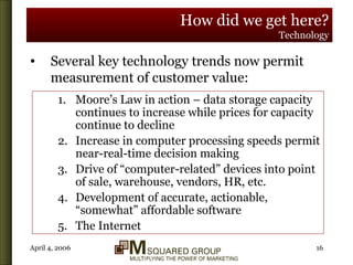 How did we get here? Technology Several key technology trends now permit measurement of customer value: Moore’s Law in action – data storage capacity continues to increase while prices for capacity continue to decline Increase in computer processing speeds permit near-real-time decision making Drive of “computer-related” devices into point of sale, warehouse, vendors, HR, etc.  Development of accurate, actionable, “somewhat” affordable software The Internet 