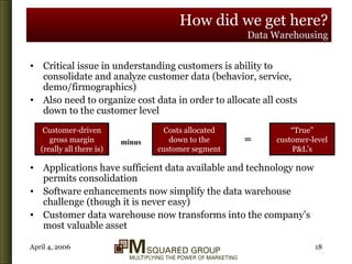 How did we get here? Data Warehousing Critical issue in understanding customers is ability to consolidate and analyze customer data (behavior, service, demo/firmographics) Also need to organize cost data in order to allocate all costs down to the customer level Applications have sufficient data available and technology now permits consolidation Software enhancements now simplify the data warehouse challenge (though it is never easy) Customer data warehouse now transforms into the company’s most valuable asset Customer-driven gross margin (really all there is) Costs allocated down to the customer segment = “ True” customer-level P&L’s minus 
