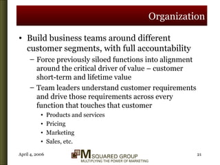 Organization Build business teams around different customer segments, with full accountability Force previously siloed functions into alignment around the critical driver of value – customer short-term and lifetime value Team leaders understand customer requirements and drive those requirements across every function that touches that customer Products and services Pricing Marketing Sales, etc. 
