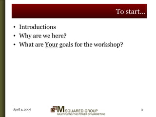To start… Introductions Why are we here? What are  Your  goals for the workshop? 